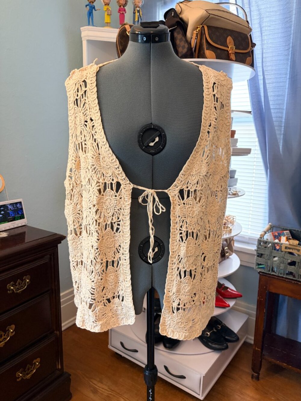 Cato Crochet Vest XL Cotton Boho Open Knit Waistcoat Cottagecore Festival Hippie